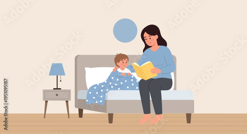 Mother Reading a Bedtime Story to her Child in Bed Flat Illustration