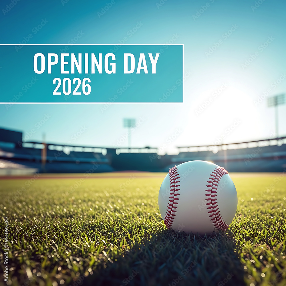 Naklejka premium Baseball on green field with opening day 2026 text on blue banner overhead in daytime