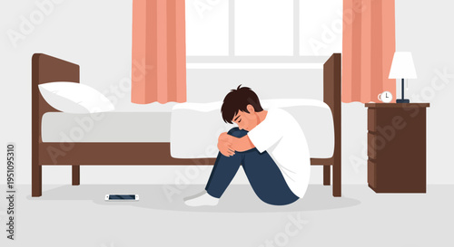 Sad Depressed Young Man Sitting on the Floor in Bedroom. Conceptual Illustration of Mental Health, Loneliness, Anxiety, and Emotional Stress in Teenagers and Young Adults.