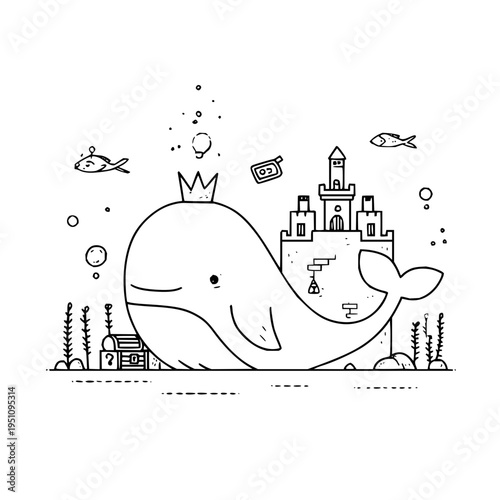 Whimsical illustration of a smiling whale wearing a crown surrounded by sea creatures and a fantasy castle in a minimalist black and white style