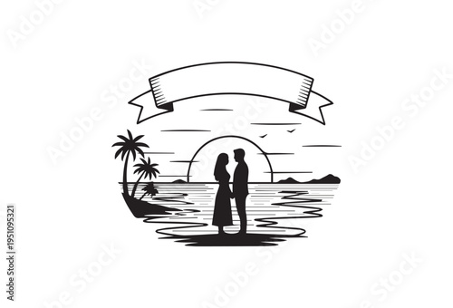 Romantic beach couple silhouette, tropical sunset, vector illustration, black and white