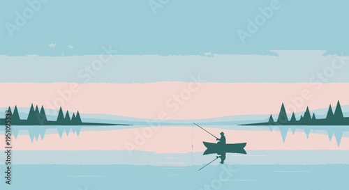 Serene lake scene, peaceful fishing, vector illustration, calm water, blue sky