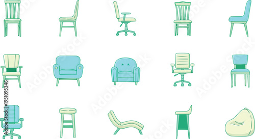 The image shows some furniture icons in light blue and green, representing different types of seating furniture, a simple, straight-backed chair (probably a dining chair). An office chair with a swive