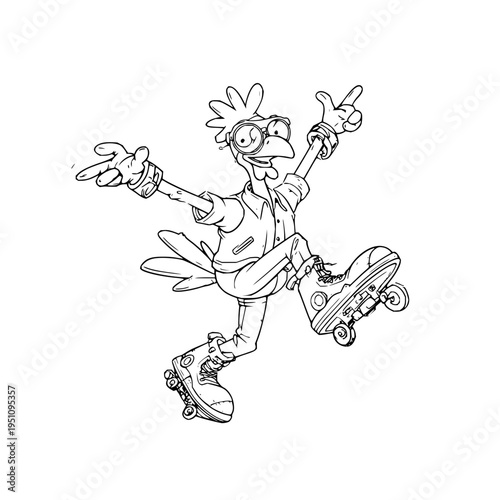 Cartoon character rollerblading with thumbs up gesture dynamic pose black outline on white background energetic and playful illustration