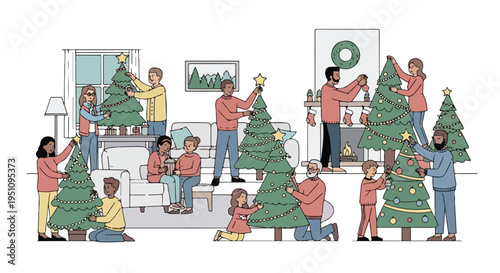 Diverse group of people decorating Christmas trees in a cozy home environment