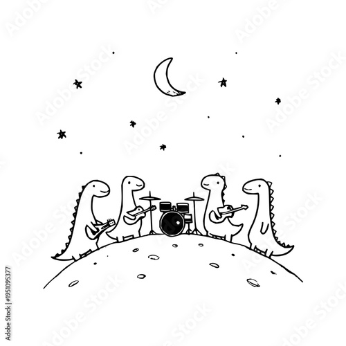 Three cartoon dinosaurs playing musical instruments together on moonlit celestial body with stars and crescent moon