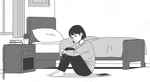 Sad Depressed Girl Sitting Alone on Bedroom Floor Illustration, Mental Health and Loneliness Concept