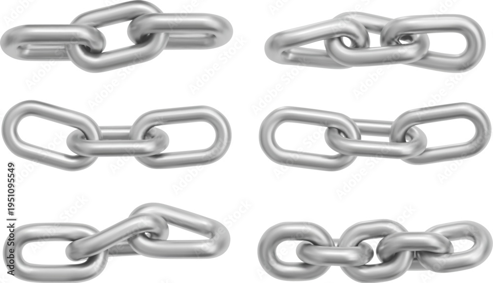 Obraz premium Chrome chain links set isolated on white background. Vector realistic illustration of metallic silver necklace details, 3D steel jewelry design, symbol of security or cooperation, seamless pattern