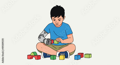 Young boy with prosthetic arm plays with colorful building blocks