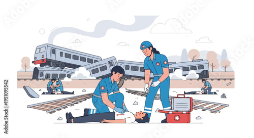 Medical personnel tend to victims after a train derailment, with a derailed train in the background