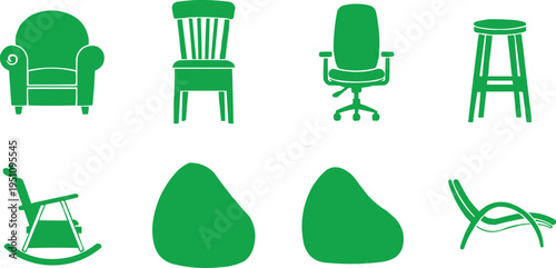 The image shows green icons that represent different types of seating arrangements, top left: a traditional wooden chair with a slatted back. Top right: a typical office chair with armrests and a swiv