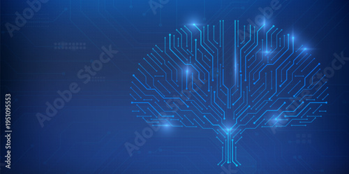 Digital circuit tree with roots, abstract vector background. Neon blue electronic line branches, data network concept, AI innovation and futuristic technology banner