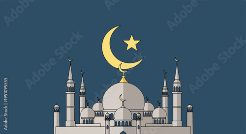 A stylized illustration of a mosque with domes, minarets, and a crescent moon with a star