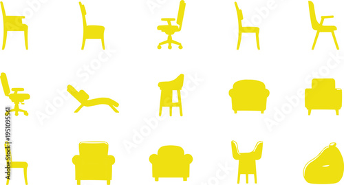 The image clearly shows a grid of yellow icons representing different types of furniture. These icons are likely selectable elements within the application. Among the furniture types are various types