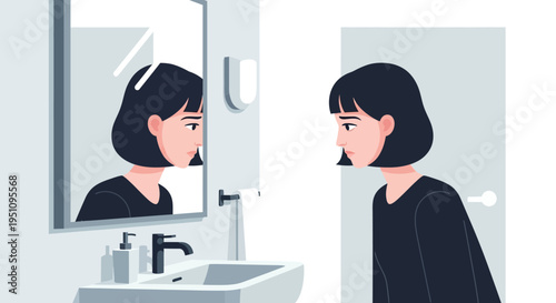 Sad Woman Looking in Mirror Illustration - Concept of Depression, Mental Health, and Loneliness in Minimalist Vector Style
