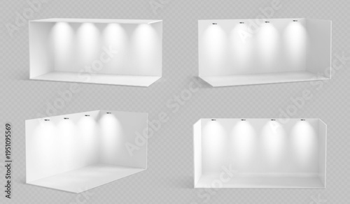 3D corner booth mockup with white walls, spotlights and empty display space, realistic vector set isolated on transparent background. Trade show presentations, exhibitions, and commercial room design