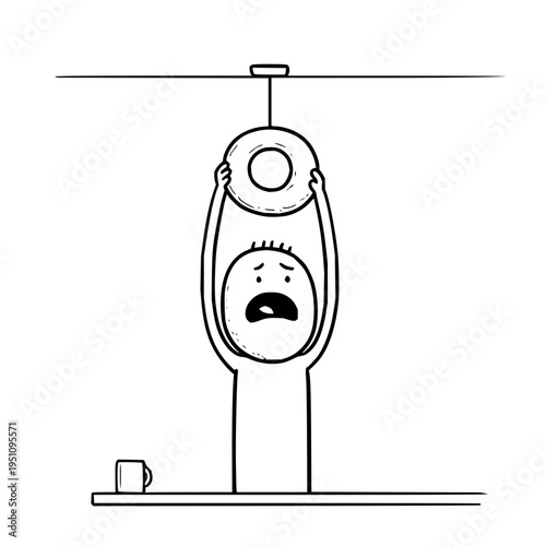 Man hanging from light bulb with worried face and coffee cup on table illustrating stress and overwork concept