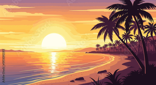 Tropical beach, sunset, palm trees, ocean view, warm colors, vector illustration, eps, 1 item