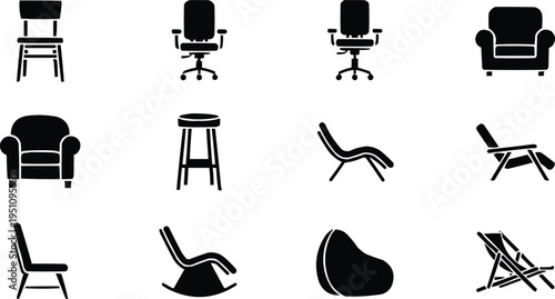 The image shows several furniture icons. These include two different types of office chairs, a bar stool, a chaise lounge, a rocking chair, a modern-looking chair or seat.