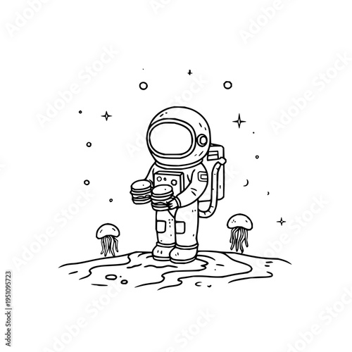 Astronaut in space suit holding a jar of jellyfish on a celestial body surrounded by stars and jellyfish