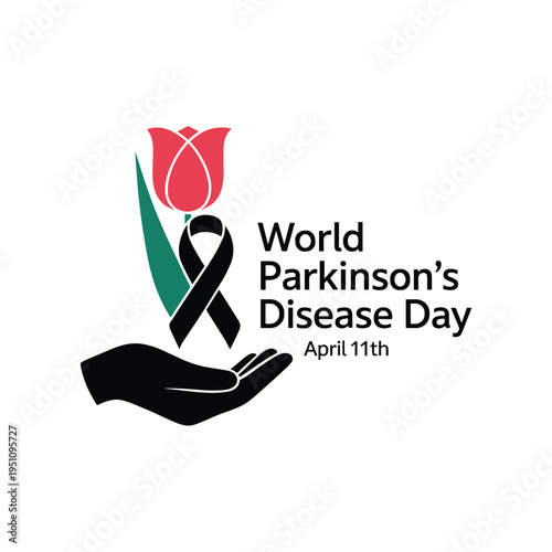 World Parkinson's Disease Day Illustration with Red Tulip, Awareness Ribbon, and Supportive Hand on White Background