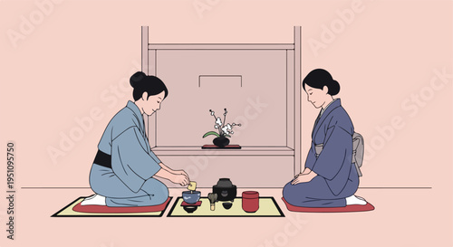 Two women in kimonos participate in a traditional tea ceremony
