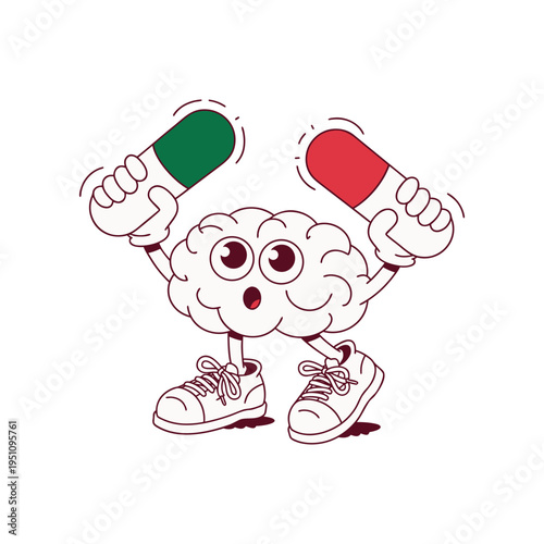 Retro Cartoon Brain Character Holding Green and Red Medicine Capsules for Mental Health and Brain Boosting Concept
