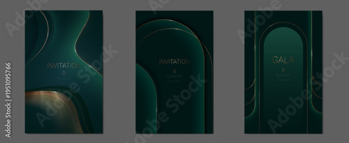 Elegant dark green background with abstract golden lines. Vector realistic illustration of premium emerald card design, luxury invitation or flyer layout, vip event banner, sophisticated menu frame