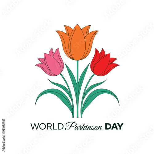 World Parkinson’s Day Awareness Concept with Red, Pink, and Orange Tulips Illustration on White Background