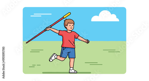 Boy in red shirt and blue shorts running and throwing a javelin in a field