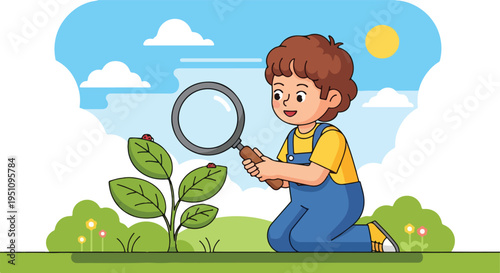 A child curiously observes ladybugs on a plant with a magnifying glass