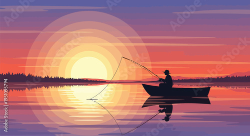 Vector illustration of a man fishing in a boat at sunset