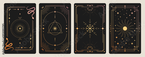 Magic tarot cards set with celestial moon and sun icons on black background. Vector realistic illustration of mystic vintage cards with golden border, snake and star ornaments, esoteric symbols