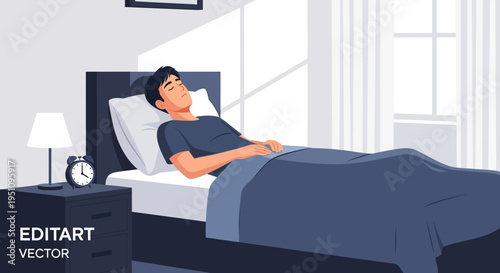 Young Man Sleeping Peacefully in Comfortable Bed, Morning Light in Modern Bedroom, Vector Illustration of Healthy Sleep Routine, Relaxation, and Rest