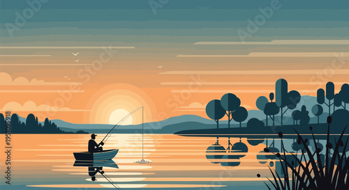 Vector sunset lake scene with boat and trees