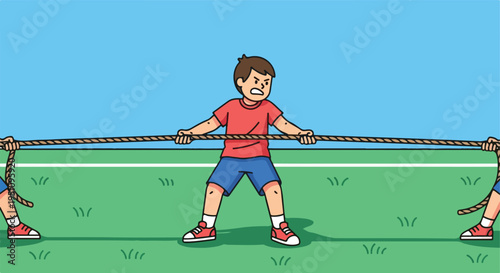 Two teams of children pulling a rope in a tug-of-war competition on a grassy field