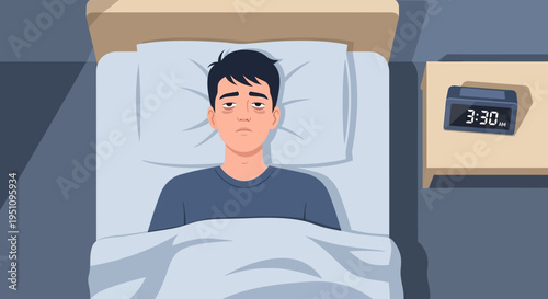 Man Suffering from Insomnia and Sleep Deprivation Lying Awake in Bed at Night Illustration