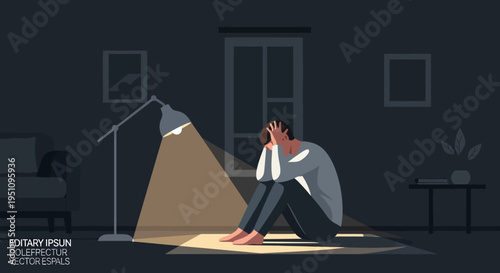 Sad Man Sitting on Floor in Dark Room Under Lamp Light, Mental Health and Depression Concept Illustration