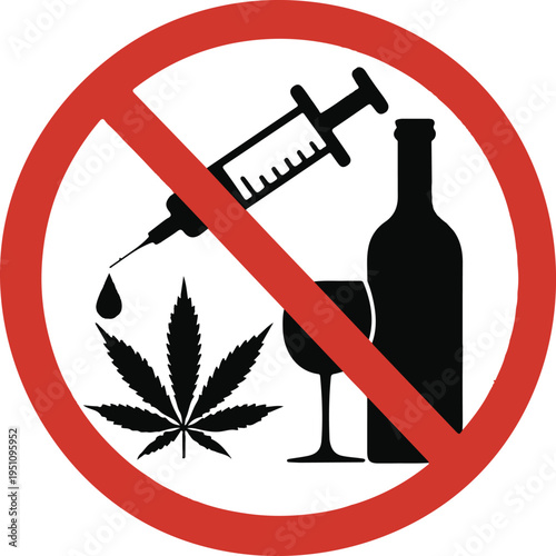 Prohibition symbol combining cannabis, alcohol, and drug injection