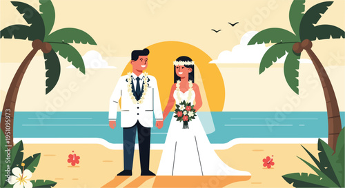 Couple in wedding attire on a tropical beach at sunset