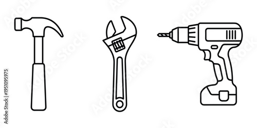 Line art tools set hammer wrench and drill isolated on transparent background