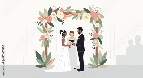 A wedding ceremony takes place outdoors beneath a floral arch with officiant and couple