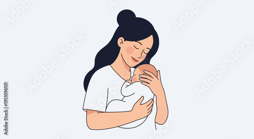 Minimalist Illustration of a Loving Mother Holding Her Newborn Baby. Tender Maternal Bonding Concept.