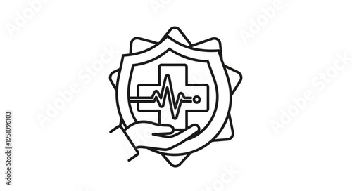 Health insurance shield with heartbeat line and hand.