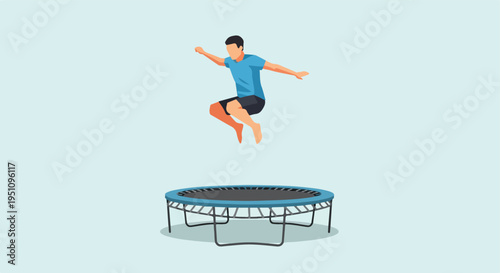 Person jumping high in the air above a blue trampoline
