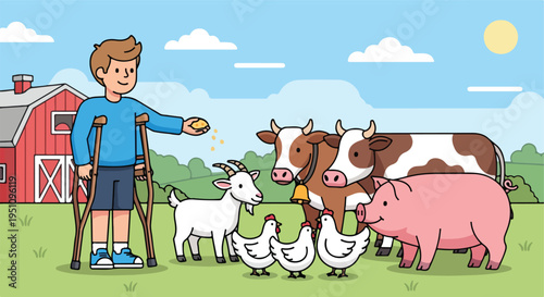 A boy on crutches feeds farm animals outside a red barn under a sunny sky