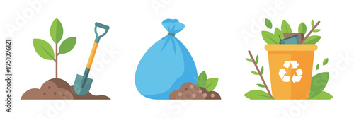 Eco-friendly spring activity vector set – Perfect for recycling initiatives, nature conservation, or community service promotion.