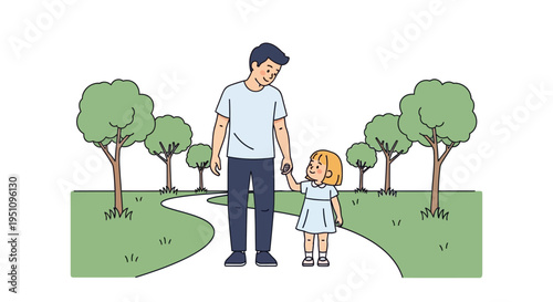 Father and Daughter Walking Hand in Hand in a Park Path Illustration - Family Bond Concept
