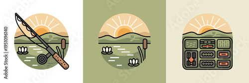 Spring fishing trip icons at sunrise – Ideal for outdoor adventure branding, fishing gear ads, or travel and tourism content.