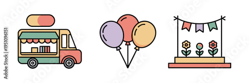 Pastel spring street fair and food truck set – Great for seasonal event marketing, food blog graphics, or family festival flyers.